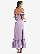 Rear View Thumbnail - Pale Purple Ruffled Off-the-Shoulder Tiered Cuff Sleeve Midi Dress