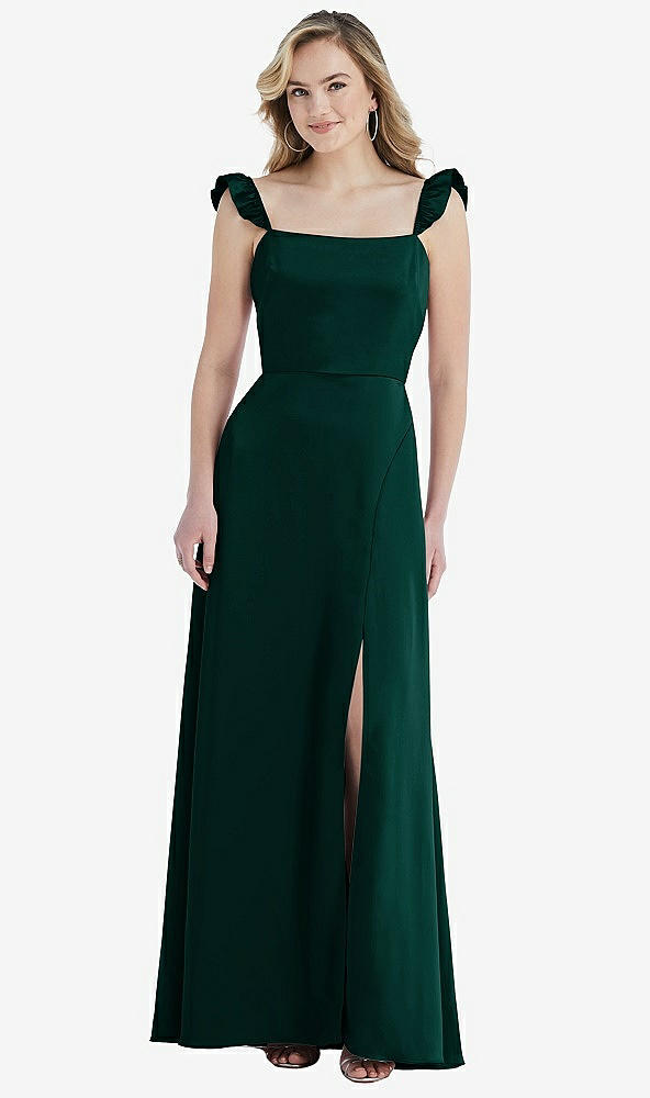Front View - Evergreen Ruffled Sleeve Tie-Back Maxi Dress