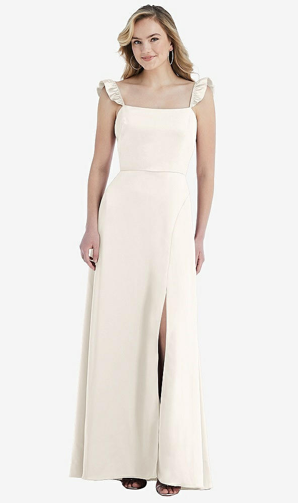 Front View - Ivory Ruffled Sleeve Tie-Back Maxi Dress