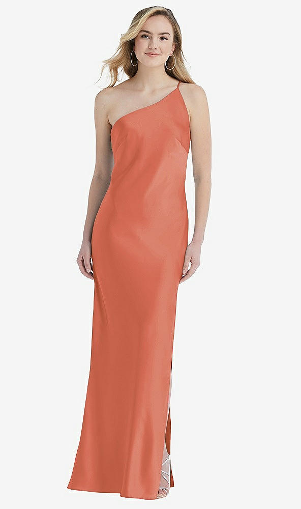 Front View - Terracotta Copper One-Shoulder Asymmetrical Maxi Slip Dress