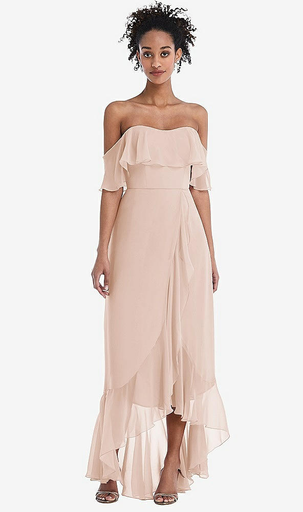 Front View - Cameo Off-the-Shoulder Ruffled High Low Maxi Dress