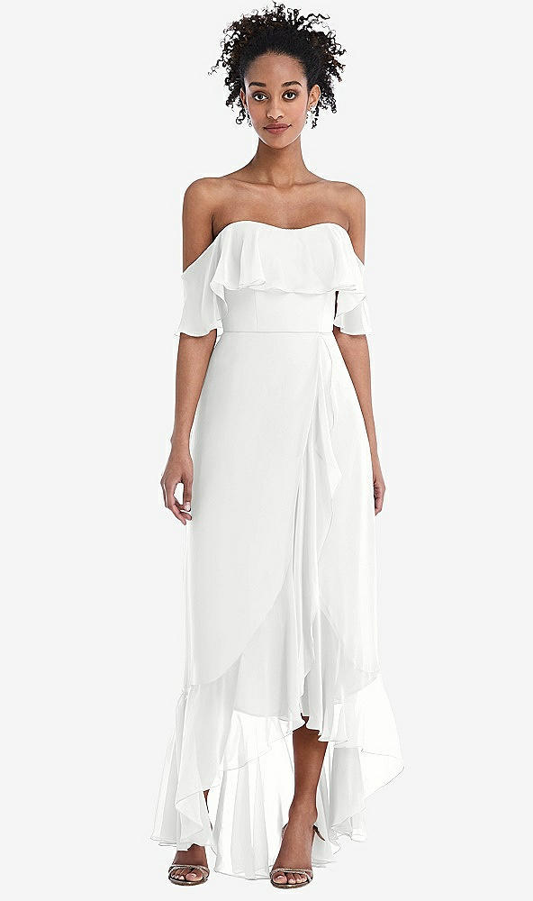 Front View - White Off-the-Shoulder Ruffled High Low Maxi Dress