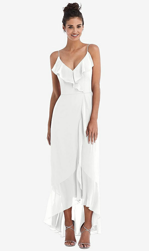 Front View - White Ruffle-Trimmed V-Neck High Low Wrap Dress