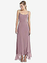 Front View Thumbnail - Dusty Rose Scoop Neck Ruffle-Trimmed High Low Maxi Dress