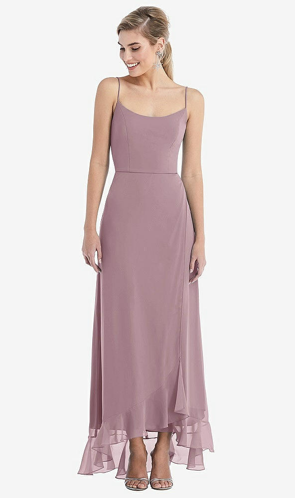 Front View - Dusty Rose Scoop Neck Ruffle-Trimmed High Low Maxi Dress