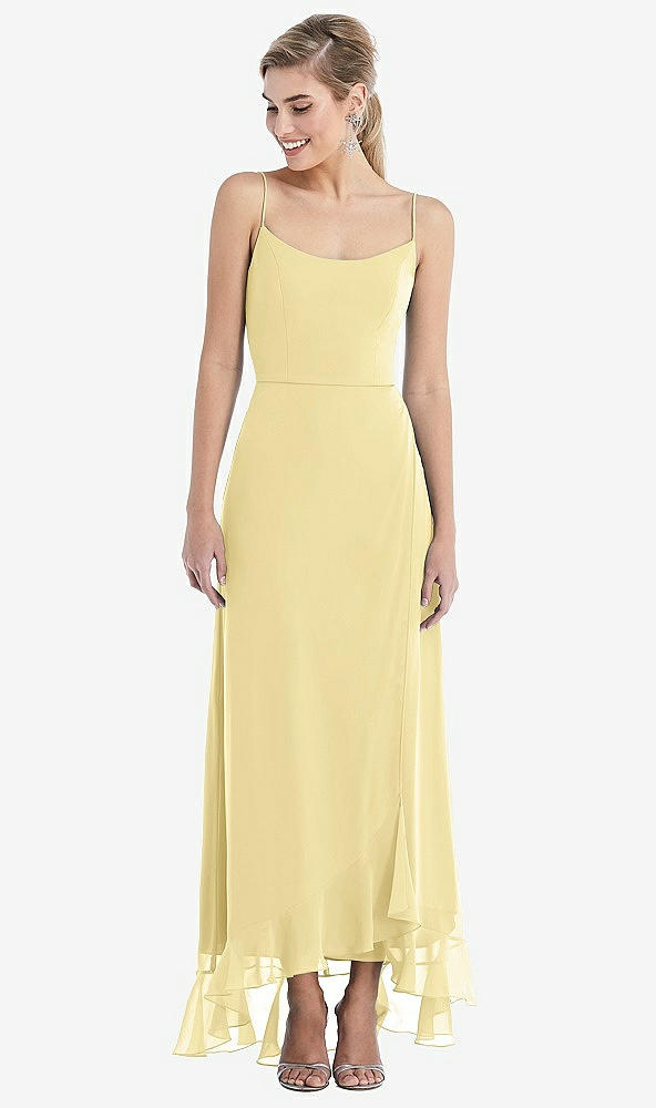 Front View - Pale Yellow Scoop Neck Ruffle-Trimmed High Low Maxi Dress