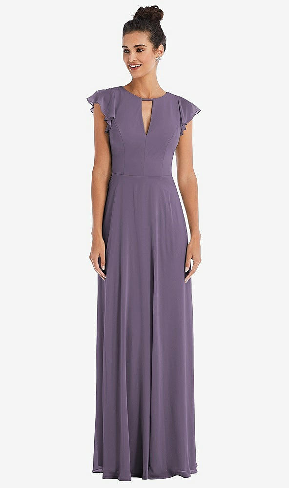 Front View - Lavender Flutter Sleeve V-Keyhole Chiffon Maxi Dress