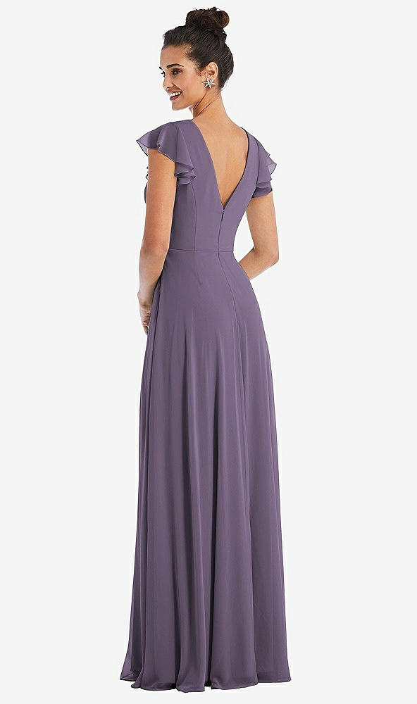 Back View - Lavender Flutter Sleeve V-Keyhole Chiffon Maxi Dress