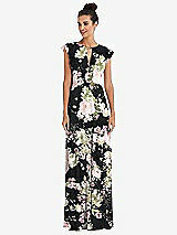Front View Thumbnail - Noir Garden Flutter Sleeve V-Keyhole Chiffon Maxi Dress