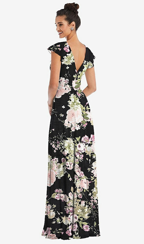 Back View - Noir Garden Flutter Sleeve V-Keyhole Chiffon Maxi Dress