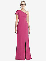 Front View Thumbnail - Tea Rose One-Shoulder Cap Sleeve Trumpet Gown with Front Slit