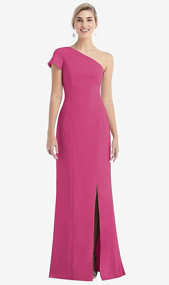 Front View - Tea Rose One-Shoulder Cap Sleeve Trumpet Gown with Front Slit