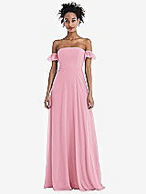 Front View Thumbnail - Peony Pink Off-the-Shoulder Ruffle Cuff Sleeve Chiffon Maxi Dress