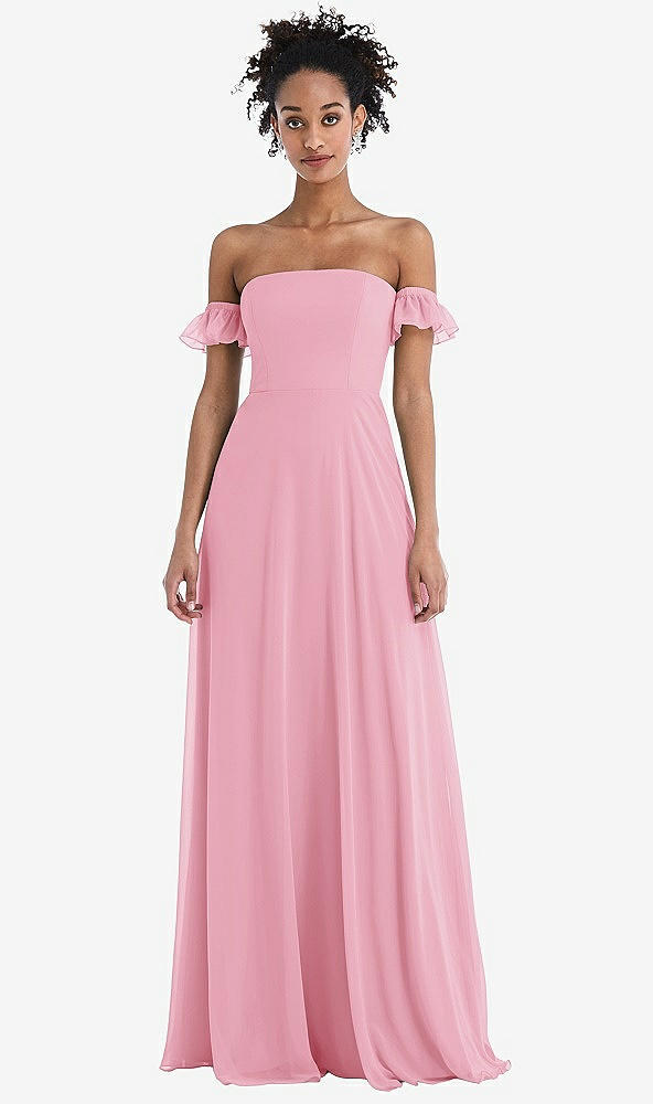 Front View - Peony Pink Off-the-Shoulder Ruffle Cuff Sleeve Chiffon Maxi Dress
