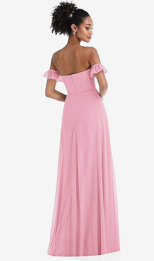 Back View - Peony Pink Off-the-Shoulder Ruffle Cuff Sleeve Chiffon Maxi Dress