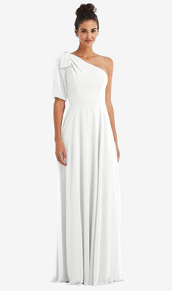 Front View - White Bow One-Shoulder Flounce Sleeve Maxi Dress