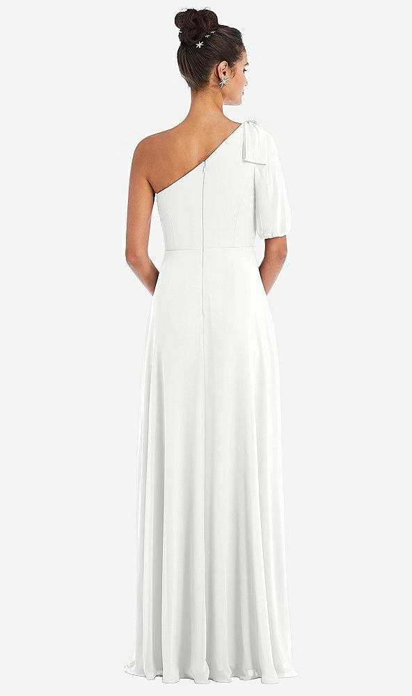 Back View - White Bow One-Shoulder Flounce Sleeve Maxi Dress