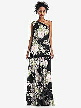 Front View Thumbnail - Noir Garden One-Shoulder Bow Blouson Bodice Maxi Dress