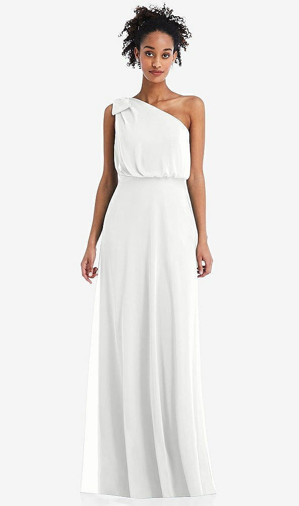 Front View - White One-Shoulder Bow Blouson Bodice Maxi Dress