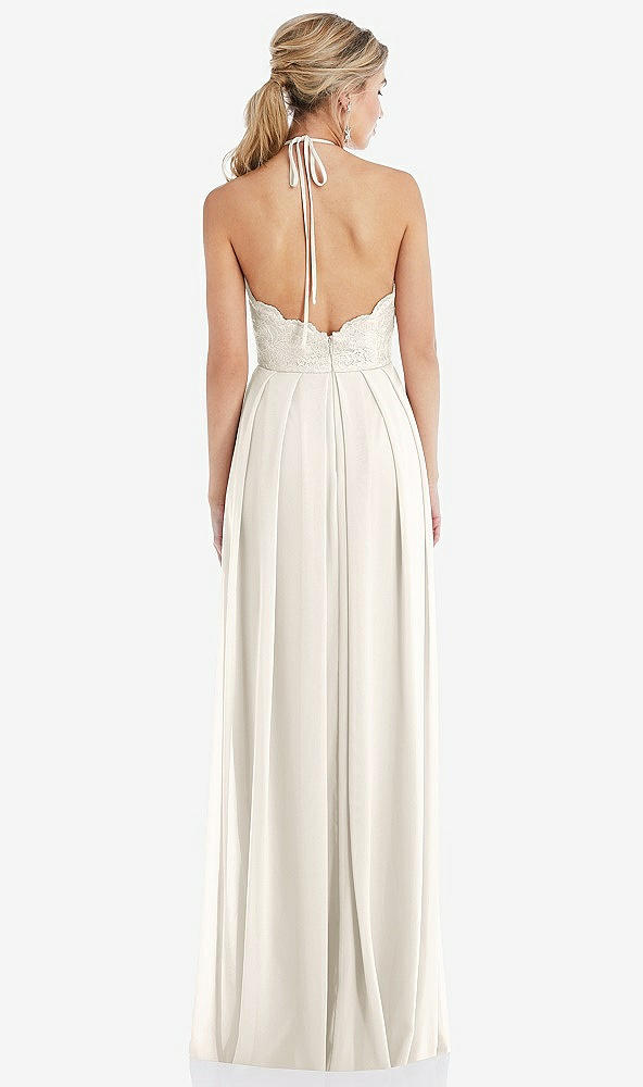 Back View - Ivory Tie-Neck Lace Halter Pleated Skirt Maxi Dress
