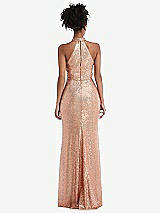 Rear View Thumbnail - Black Stand Collar Halter Sequin Trumpet Gown
