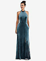 Front View Thumbnail - Dutch Blue High-Neck Halter Velvet Maxi Dress with Front Slit