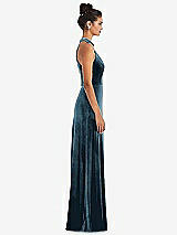 Side View Thumbnail - Dutch Blue High-Neck Halter Velvet Maxi Dress with Front Slit