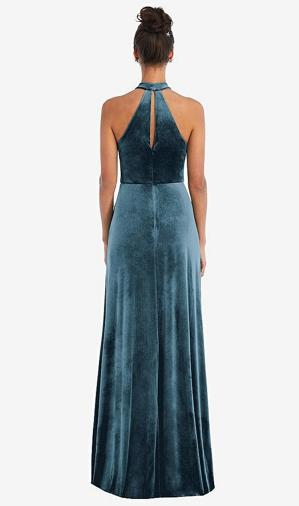 Back View - Dutch Blue High-Neck Halter Velvet Maxi Dress with Front Slit