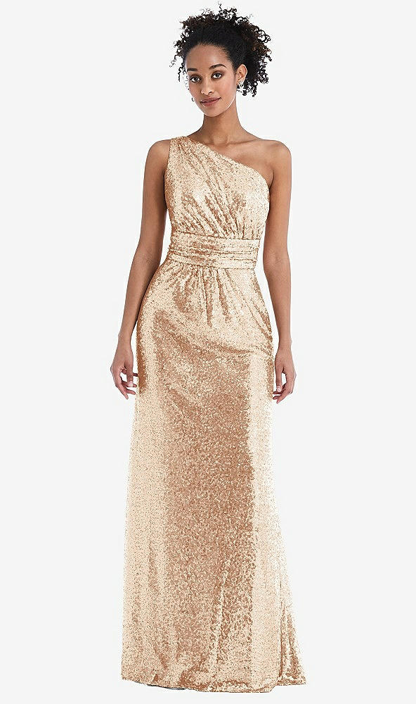 Front View - Rose Gold One-Shoulder Draped Sequin Maxi Dress