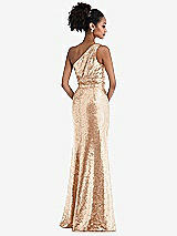 Rear View Thumbnail - Rose Gold One-Shoulder Draped Sequin Maxi Dress