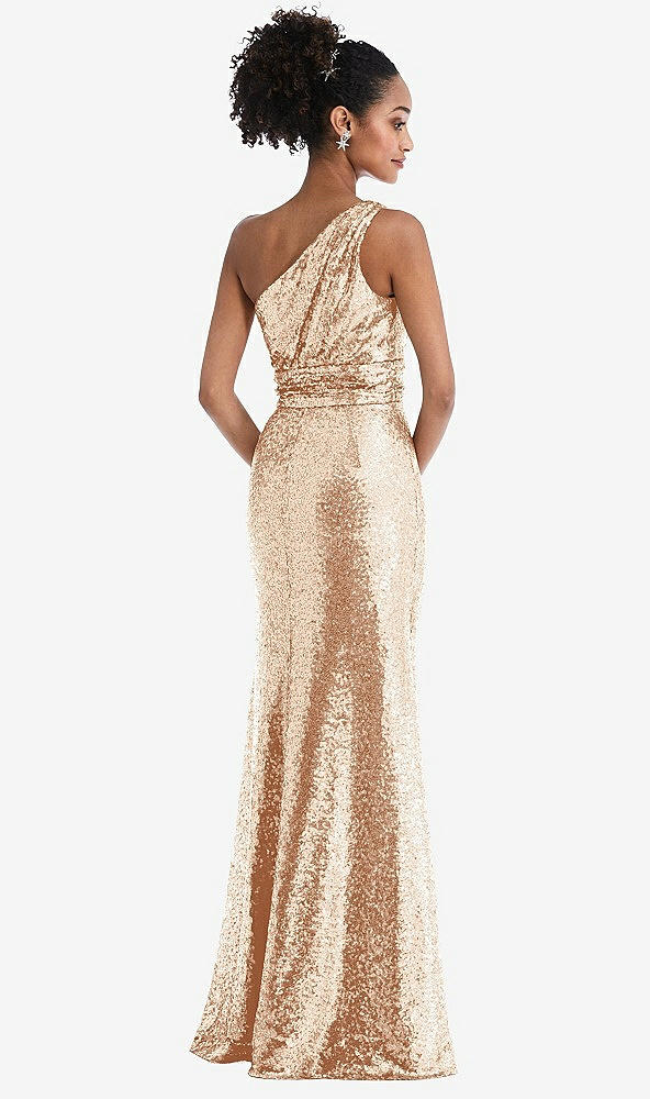 Back View - Rose Gold One-Shoulder Draped Sequin Maxi Dress
