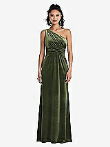 Front View Thumbnail - Olive Green One-Shoulder Draped Velvet Maxi Dress