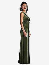 Side View Thumbnail - Olive Green One-Shoulder Draped Velvet Maxi Dress
