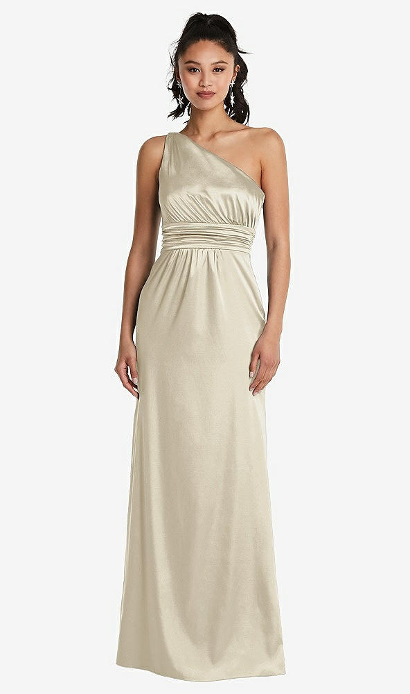 Front View - Champagne One-Shoulder Draped Satin Maxi Dress
