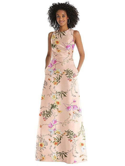 Floral-Printed High-Low Satin Twill Ball Gown