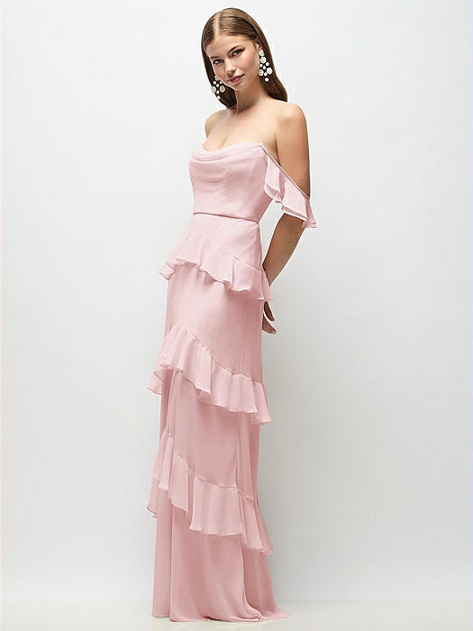 dessy collection off-the-shoulder maxi dress Alfred Sung Women's Off the Shoulder Puff Sleeve Satin Gown - Blue