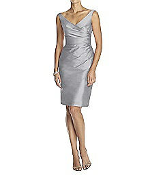 V-Neck Cocktail Length Peau De Soi Dress - Alfred Sung D644