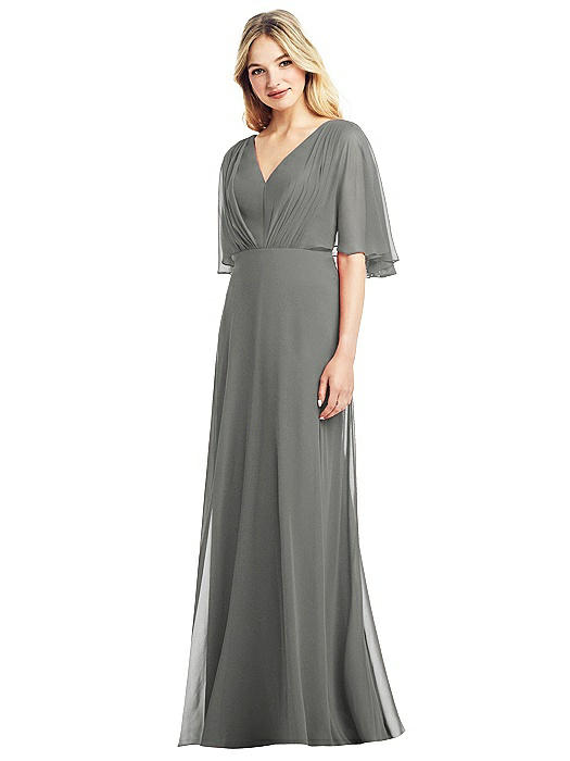 Long Flutter Sleeve Chiffon Dress with Pleat Detail | The Dessy Group