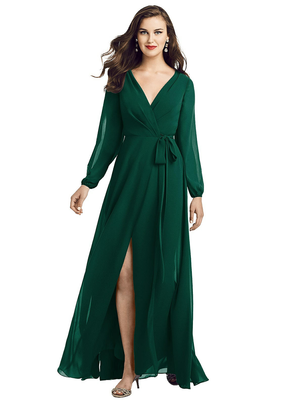 Long Sleeve Wrap Maxi Dress with Front Slit | The Dessy Group