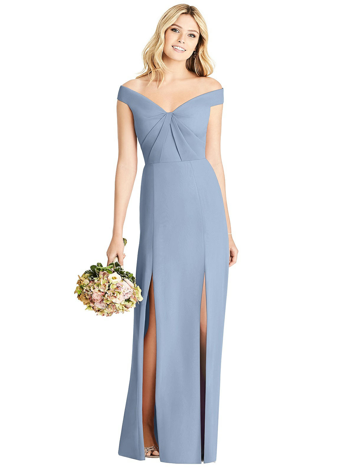 OfftheShoulder Pleated Bodice Dress with Front Slits