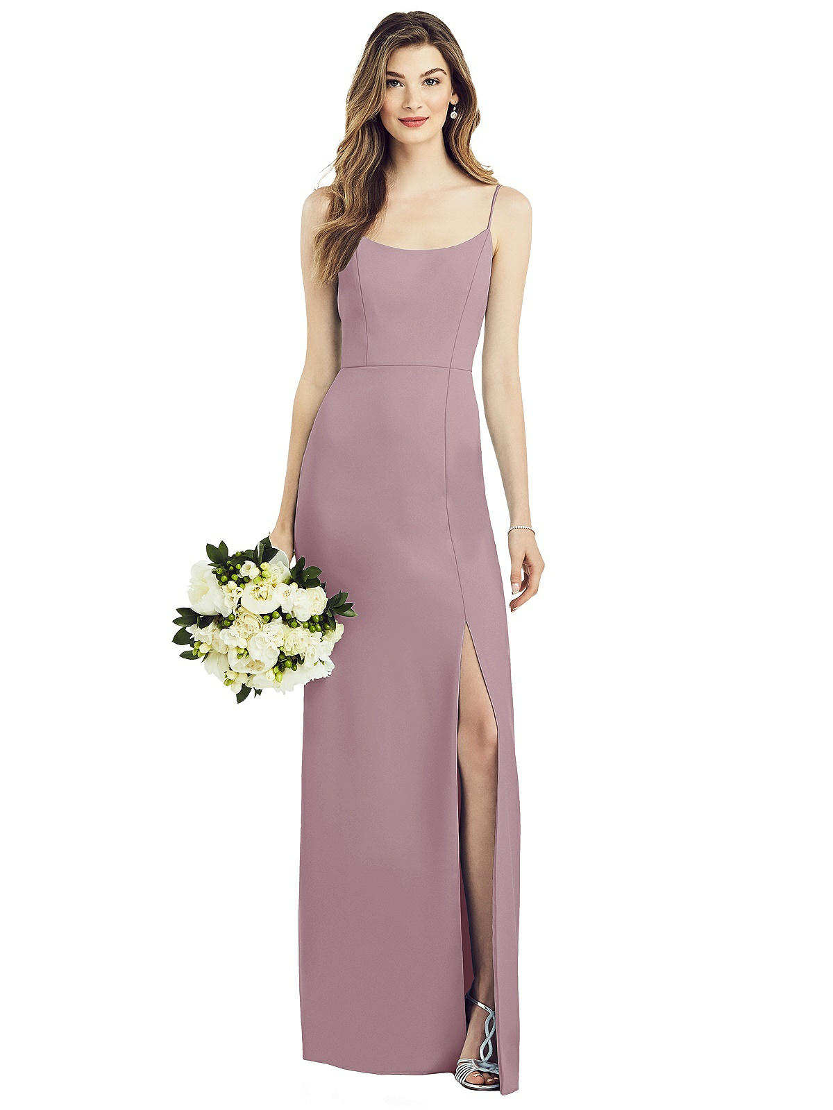 crepe spaghetti strap gown with ruching