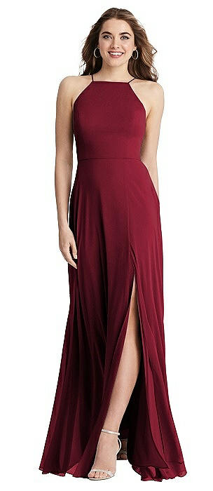 high neck burgundy bridesmaid dress