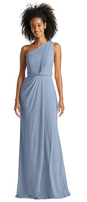 lux ruched off the shoulder chiffon gown