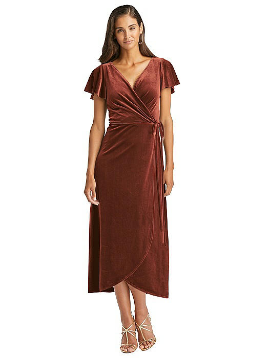 Flutter Sleeve Velvet Midi Wrap Dress with Pockets The Dessy Group