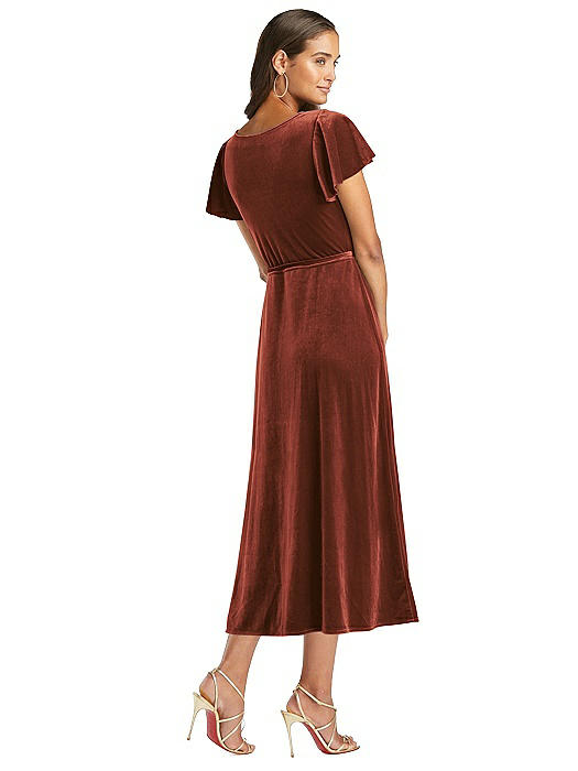 velvet flutter sleeve midi dress with tie waist