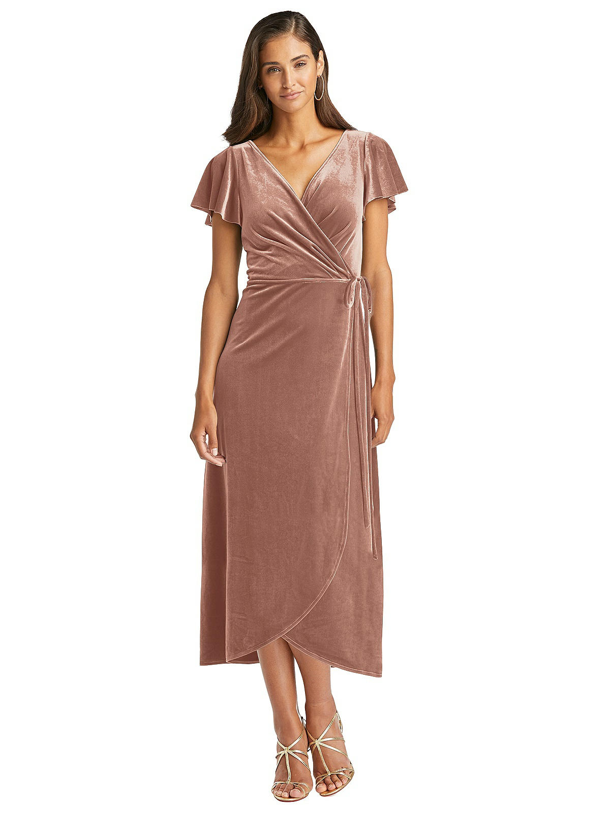 velvet flutter sleeve midi dress with tie waist
