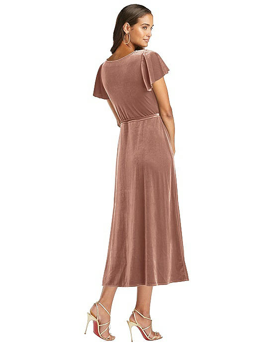 velvet flutter sleeve midi dress with tie waist