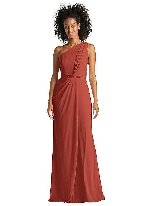 One-Shoulder Draped Chiffon Trumpet Gown | The Dessy Group