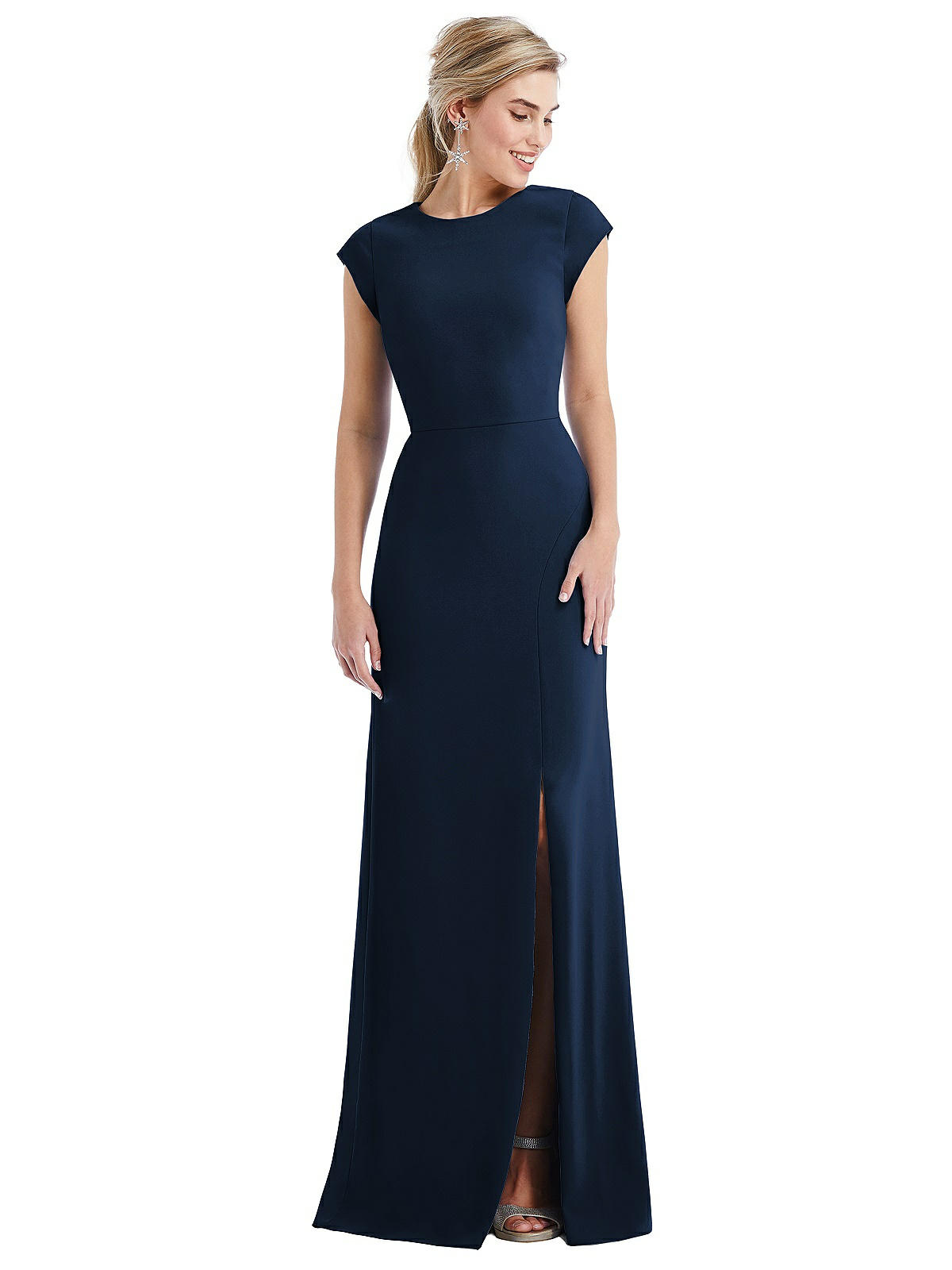 Cap Sleeve Open-Back Trumpet Gown with Front Slit | The Dessy Group