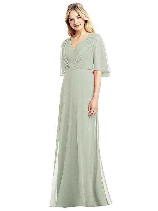Long Flutter Sleeve Chiffon Dress with Pleat Detail The Dessy Group